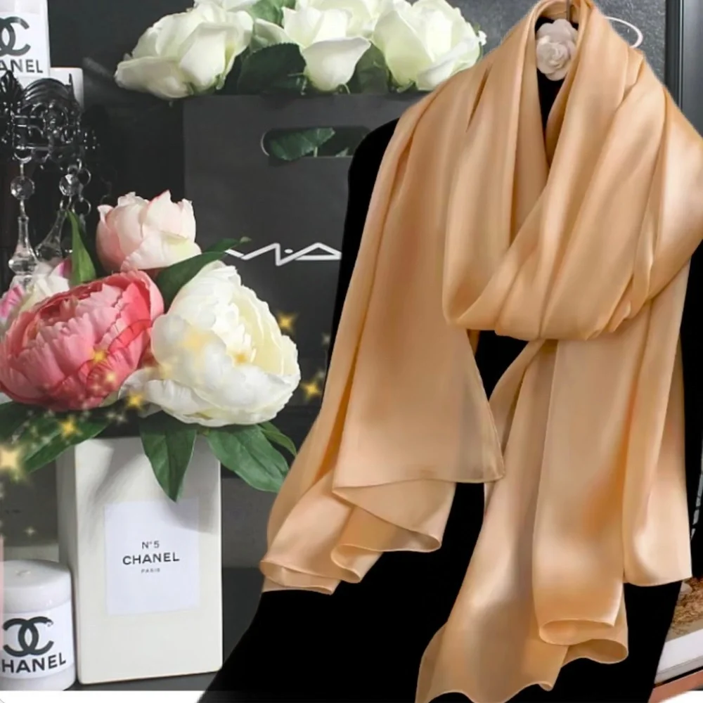 Light Caramel Beige 100% SILK SATIN Large Shawl Scarf Wrap Wedding Cover Up